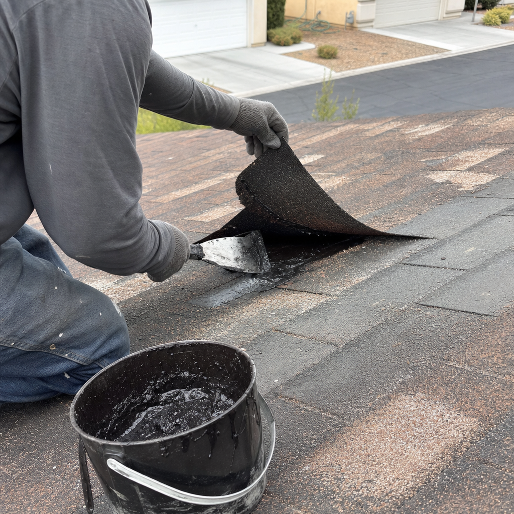 Roofer applying sealant to roof shingle during repair.
