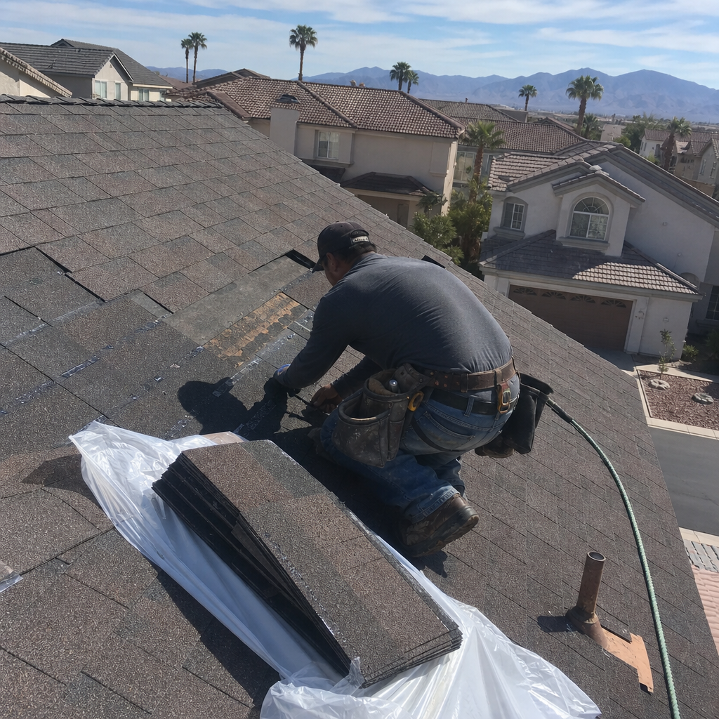 Roofer performing roof repair, replacing shingles.