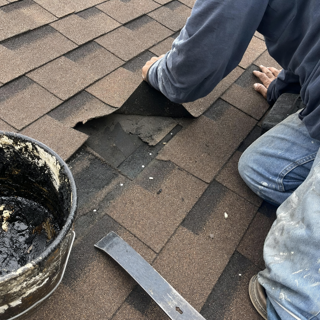 Roofer lifting damaged shingle for roof repair, with sealant bucket and pry bar.