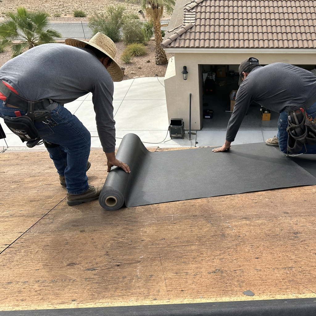 Roofers installing black roofing material during replacement and installation.