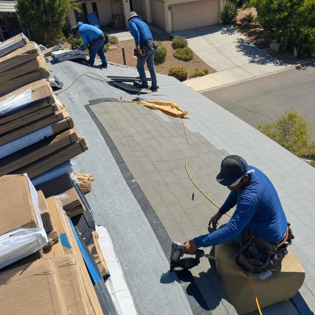 Roofers installing shingles during a roof replacement and installation project.