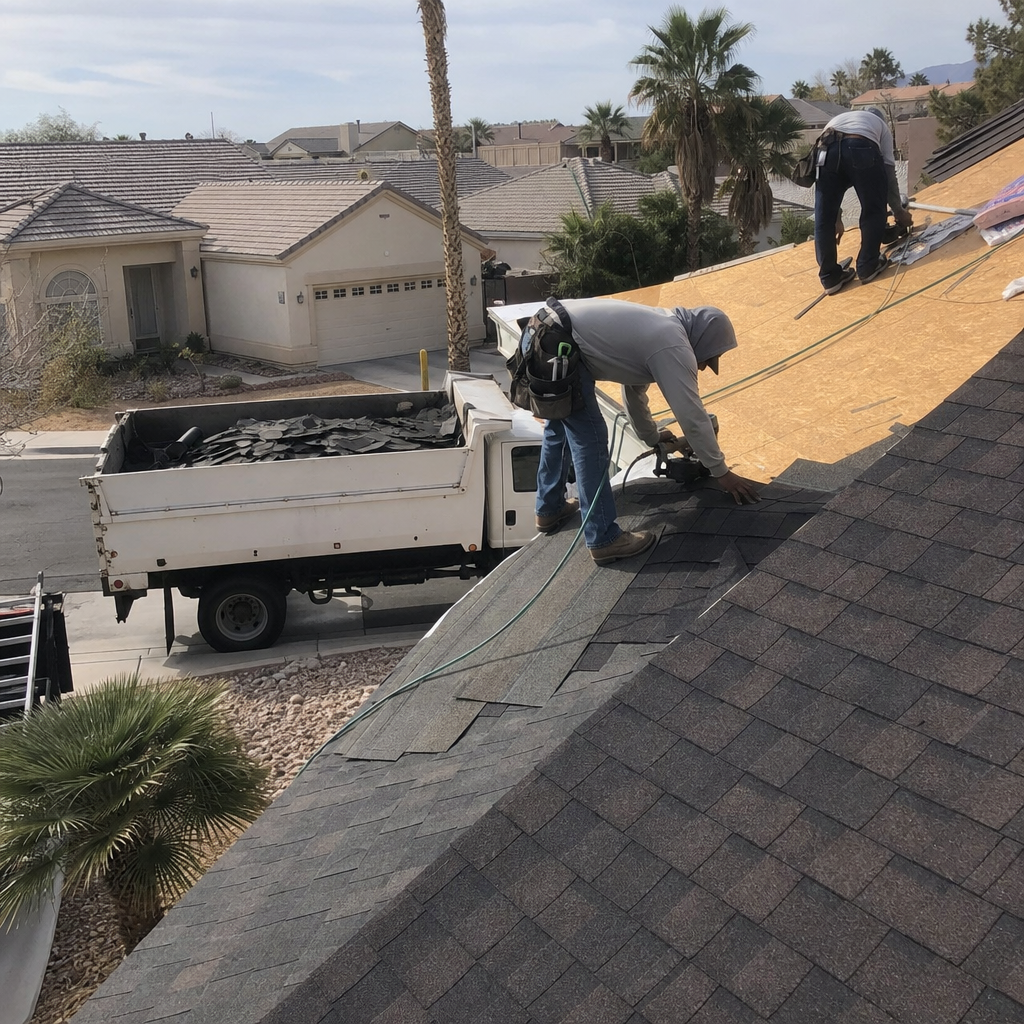 Roofers installing new asphalt shingles during a roof replacement project.