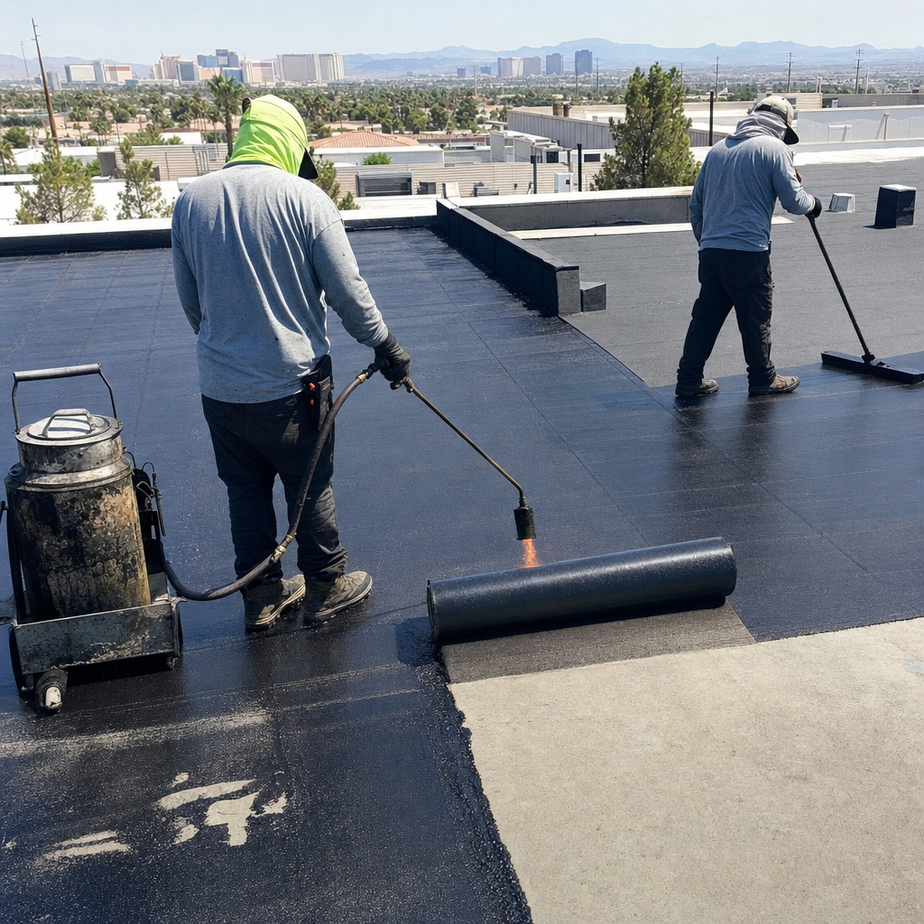 Roofer installing specialty roofing material with a torch on a flat roof.