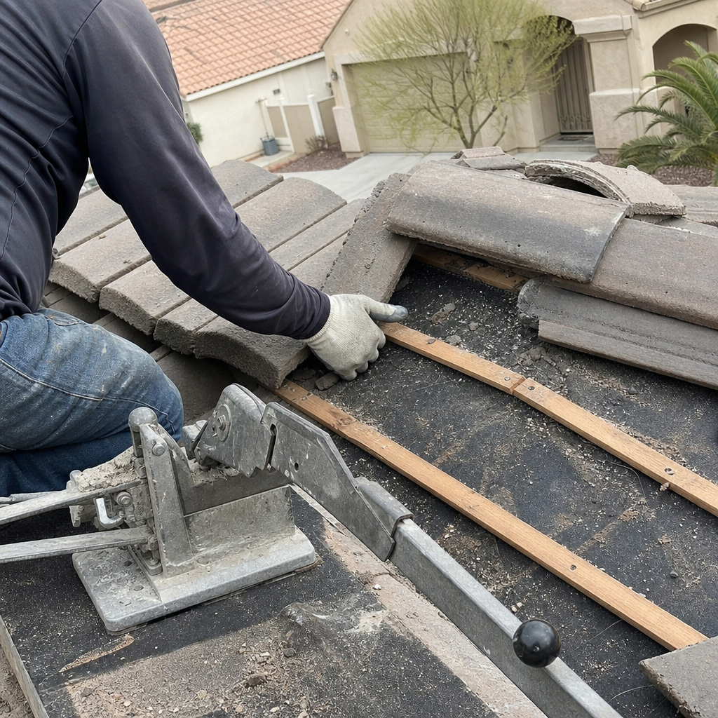 Roofer cutting clay tiles for specialty roofing installation