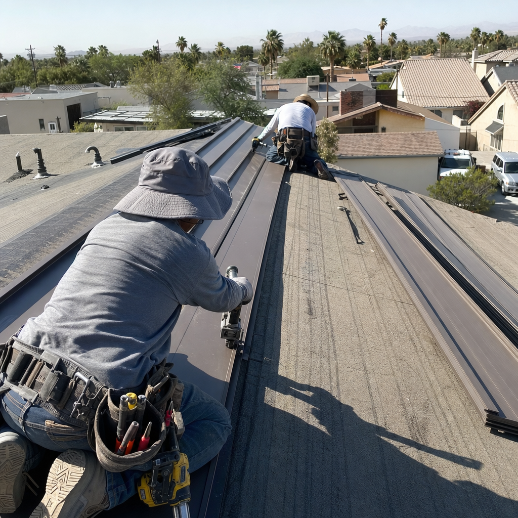Roofers installing metal roofing panels on a house.