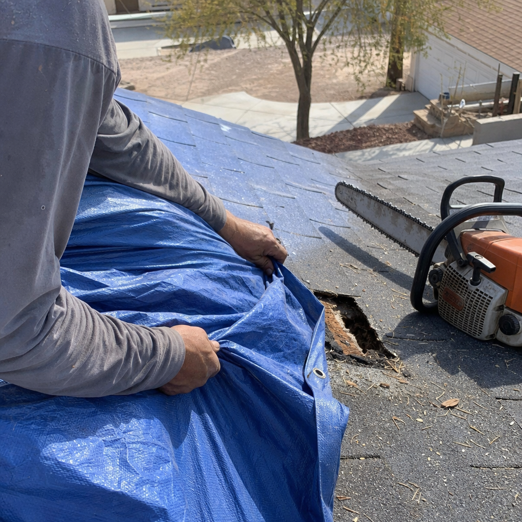 Roofing professional covers storm damage with tarp, chainsaw on roof in Spring Valley, NV