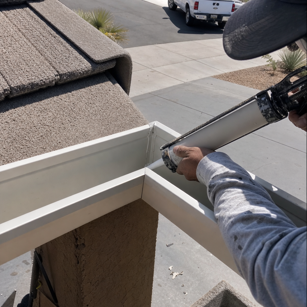 Roofer applying sealant to gutter joint for leak prevention. in Spring Valley, NV
