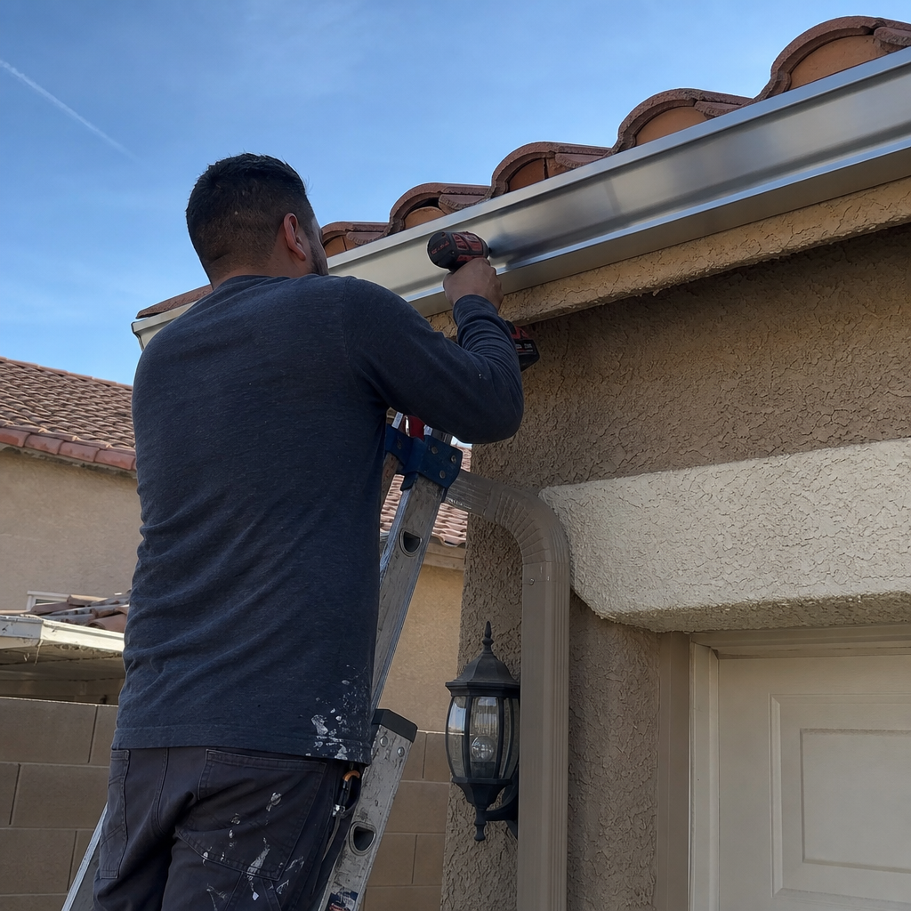 Gutter installation by a professional on a ladder. in Las Vegas, NV