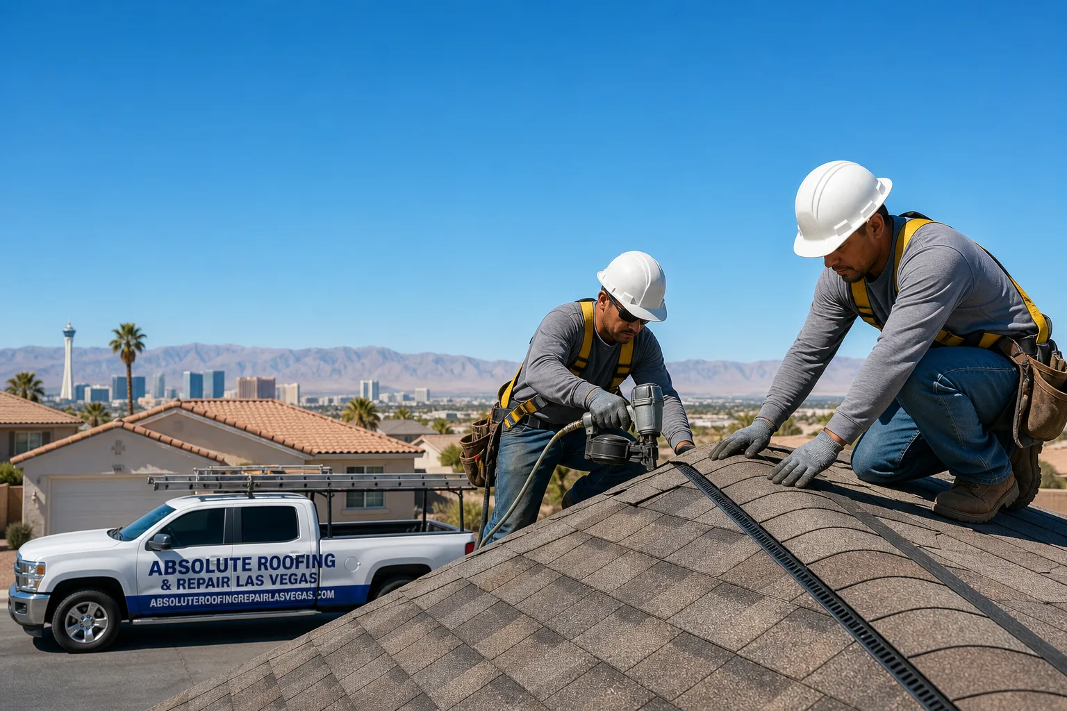 Absolute Roofing & Repair Las Vegas service vehicle and crew in Las Vegas, NV